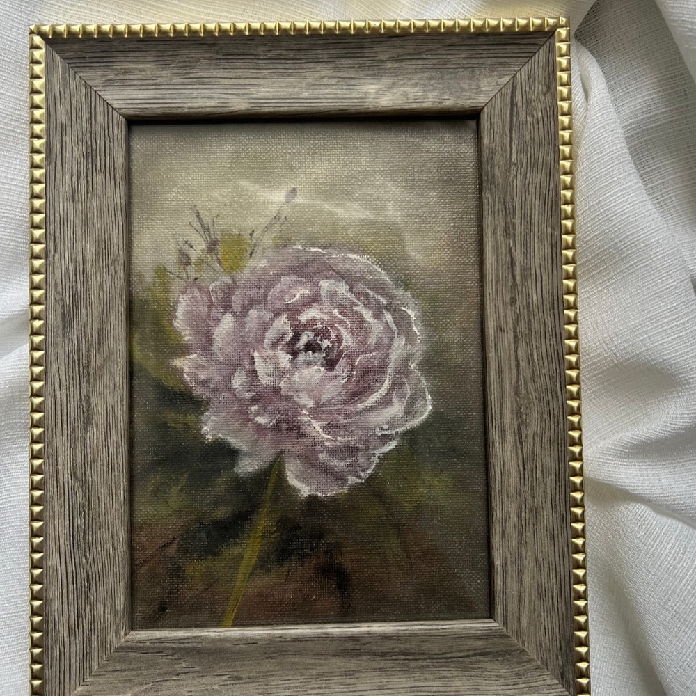 “Still Blooming For You” Framed Floral Oil Painting in Dusty Rose and Olive